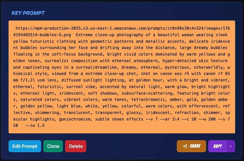 Key Prompt display showing complete formatted prompt with multi-platform copy options